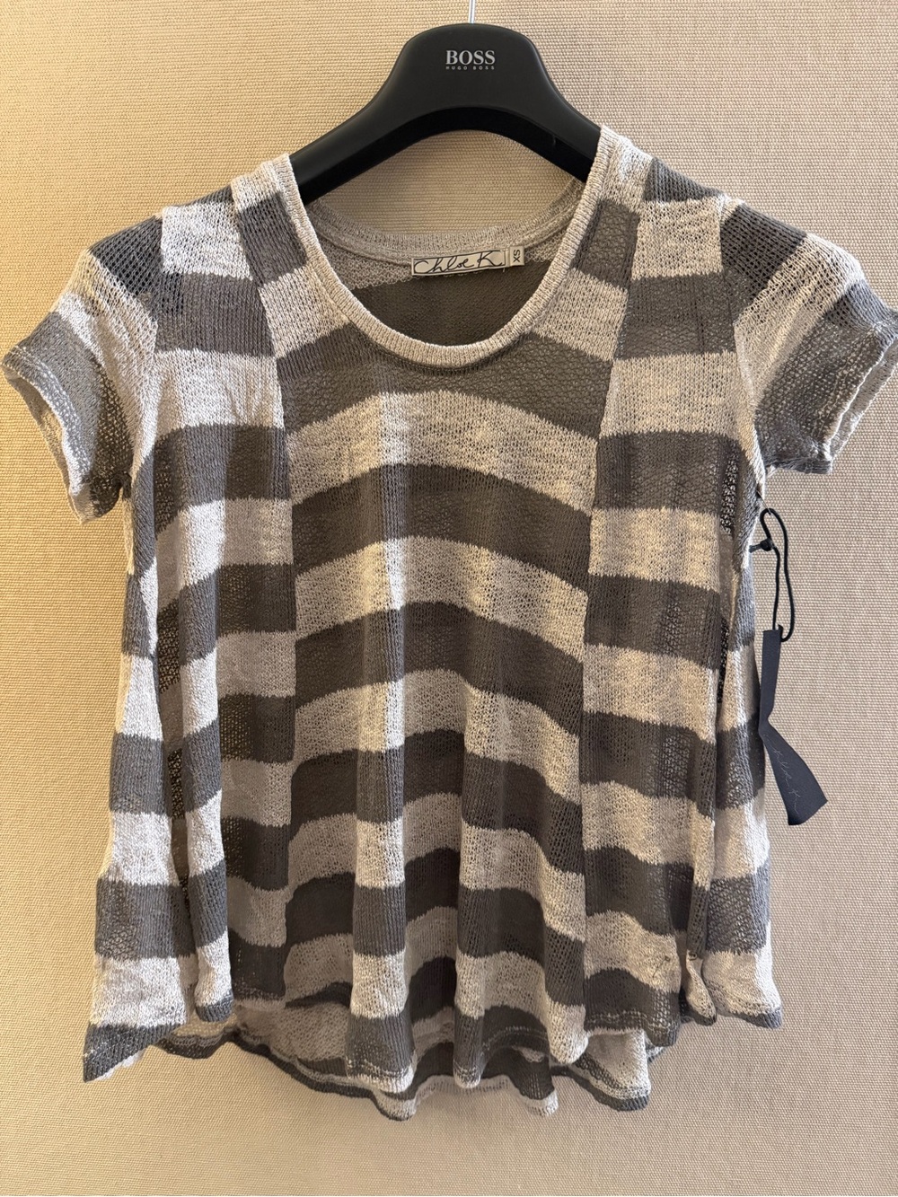 Chloe K Gray & light gray Striped Short Sleeve Knit Top